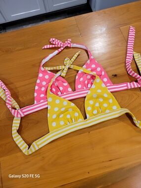 Victoria's Secret Yellow & Pink Polka Dot Triangle Bikini Tops Y.Small P.Large